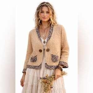 Organic Cotton Boho Chic Cropped Floral Beige Jacket, Cottagecore Prairie Jacket